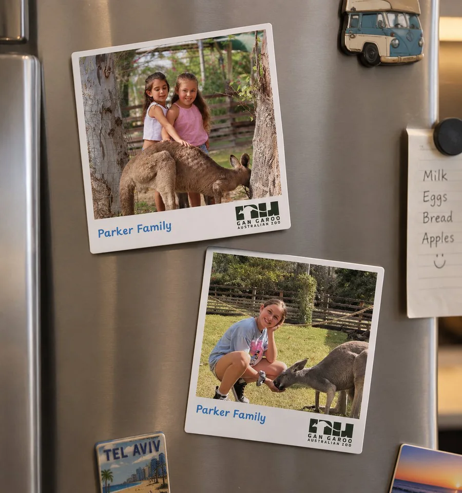 Two Memo prints from Gan Garoo Australian Zoo, 'Parker Family', held on a fridge door with magnets